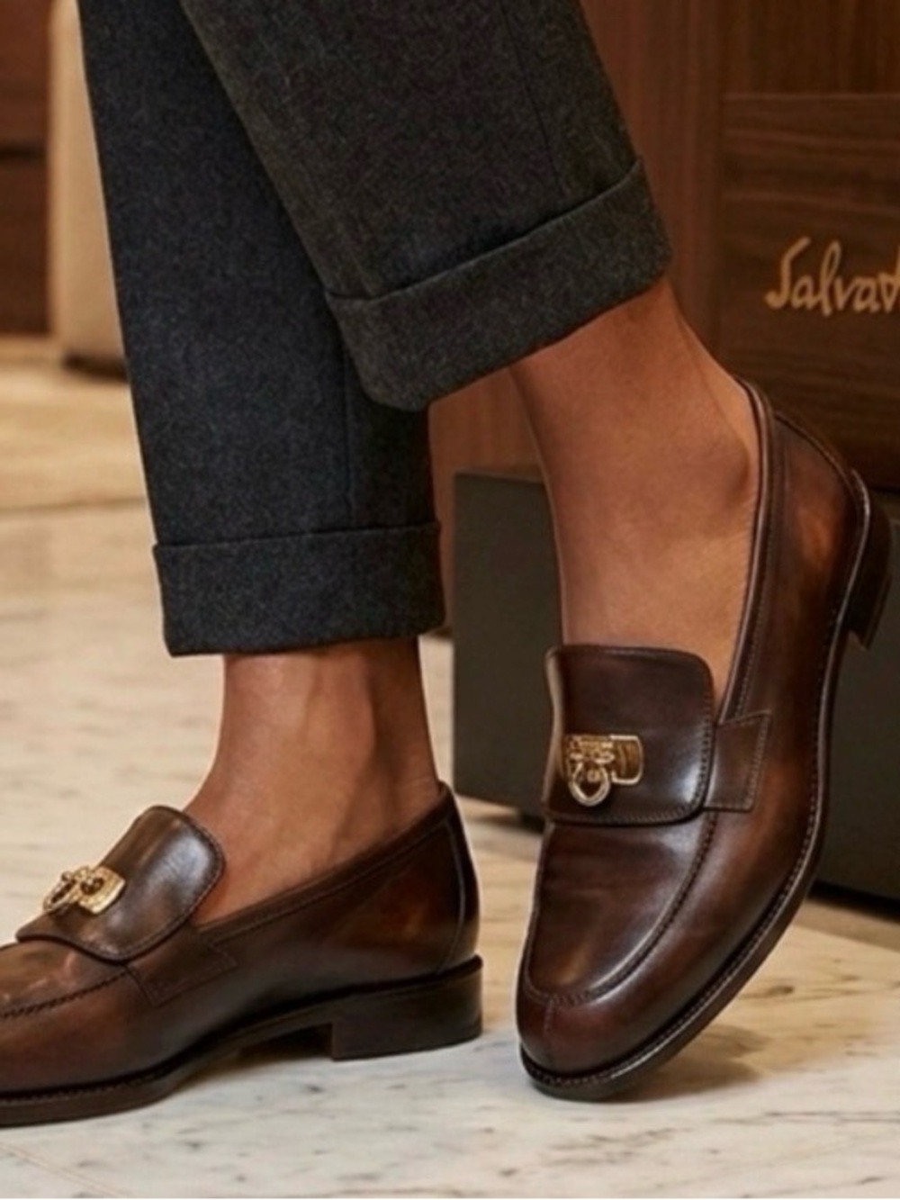 Salvatore Ferragamo Italy Leather Loafers with Gold Hardware
